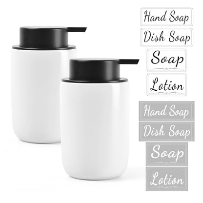 BosilunLife Foaming Soap Dispenser Set - White Ceramic Foam Hand Dispenser | 12oz Soap Dispenser Set with Rust Proof Pump, 4Pcs Clear Stickers for Kitchen, Bathroom - 2 Pack - color: White-foam Pump