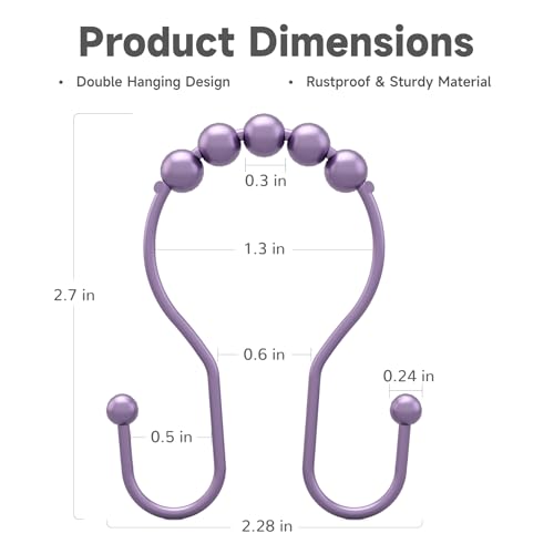 Bathway Shower Curtain Hooks, Shower Curtain Rings Rust Proof Double Hook Shower Curtain Hooks, 12 Pcs Purple Shower Hooks for Shower Curtain, Shower Rings for Curtain, Metal Shower Rod Hooks - color: Purple