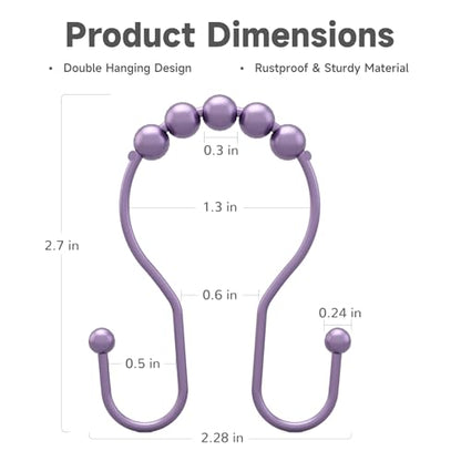 Bathway Shower Curtain Hooks, Shower Curtain Rings Rust Proof Double Hook Shower Curtain Hooks, 12 Pcs Purple Shower Hooks for Shower Curtain, Shower Rings for Curtain, Metal Shower Rod Hooks - color: Purple