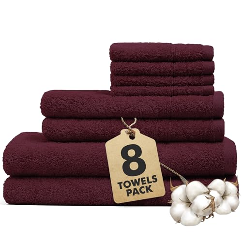 Bath Towels Set of 8 – 100% Ring Spun Cotton (Burgundy) Bathroom Towel Set Bale Includes 2 Bath, 2 Hand, 4 Face Towels – 550 GSM Soft, Absorbent & Quick Dry Towel for Bathroom, Spa, Kitchen, Hotel Use - color: Burgundy, size: Towel Sets