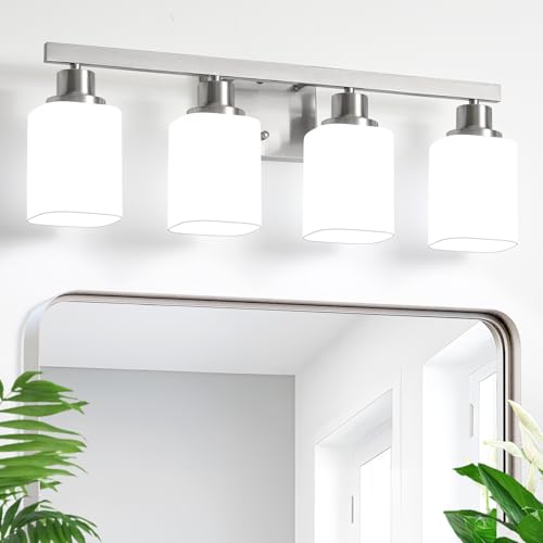 4-Light Bathroom Vanity Light,Brushed Nickel Vanity Lights with Square Frosted Glass,Modern Bathroom Wall Lights Fixtures Over Mirror,Wall Sconces Lighting for Bedroom Living Room,E26 - color: Nickel, size: 4-Light