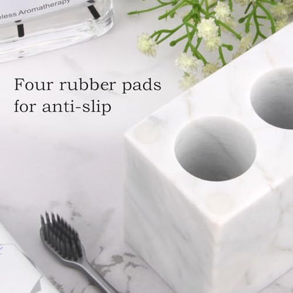 Natural Marble Toothbrush Holder, Carrara White, 3 Slots | Large Bathroom Organizer Countertop, Ventilation Design, Stone Toothbrush and Toothpaste Stand, Non-Slip Silicone Pads - color: Carrara White, size: 3 Slots