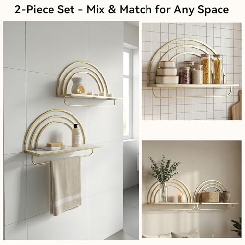 Oakrain Gold Wall Shelf with Arched Metal Frame, Set of 2, 13"&16" | Rustic Wood Floating Shelves, Farmhouse Towel Rack for Bathroom, Entryway, Living Room, Bedroom - color: Gold