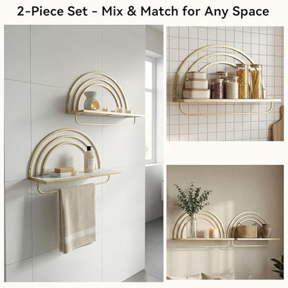 Oakrain Gold Wall Shelf with Arched Metal Frame, Set of 2, 13"&16" | Rustic Wood Floating Shelves, Farmhouse Towel Rack for Bathroom, Entryway, Living Room, Bedroom - color: Gold