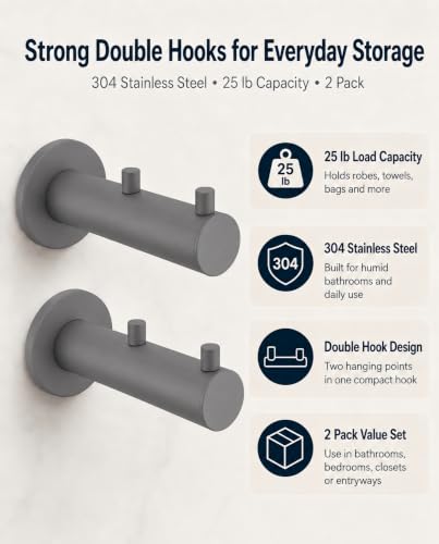 Hooks Heavy Duty Shower Hooks wall Hooks Hooks for Hanging (Cement Gray) | 304 stainless steel double hooks for bathroom, bedroom, closet, laundry, backpacks, bags and pet leashes - color: Cement Gray