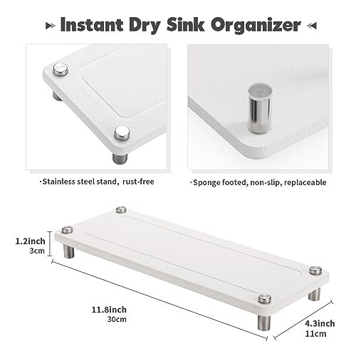 Kitchen Sink Caddy Diatomite Water Absorbing Stone Tray, White | Bathroom Countertop Organizer Faucet Drying Mat Coaster Soap Dish Sponge Dispenser Holder - color: White