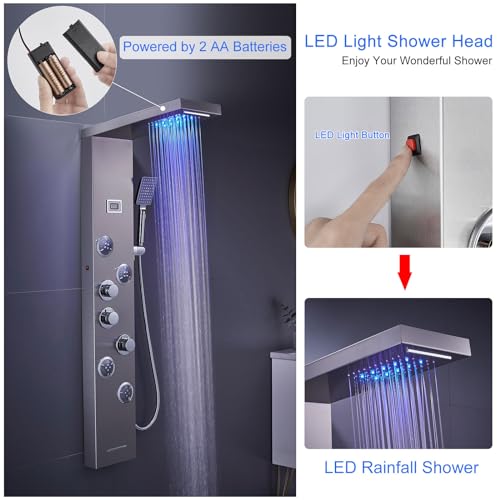 6-in-1 LED Shower Panel Tower System Stainless Steel Brushed Nickel | Rainfall + waterfall head | Massage jets | Handheld shower | Tub spout | LED display | Wall mount - color: Brushed Nickel