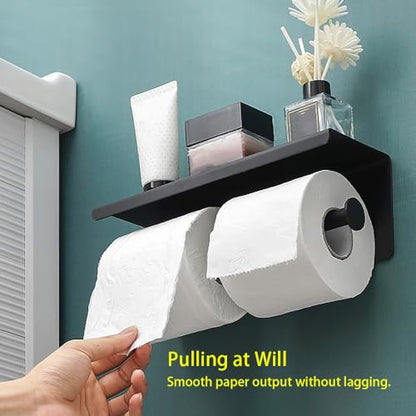 Double Toilet Paper Holder with Phone Shelf KWQKEM Dual Roll Tissue Holder Dispenser Wall Mounted SUS304 Commercial Stainless Steel Roll Holder Storage Cool Bathroom Accessory (Matte Black)