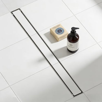 Linear Shower Drain 32 Inch Shower Trench Drain with Tile Insert Grate | Evolvegoods 304 Stainless Steel Bathroom Floor Drain,Rectangular Shower Drain with Leveling Feet,Hair Strainer,Brushed Nickel - size: 32 Inches