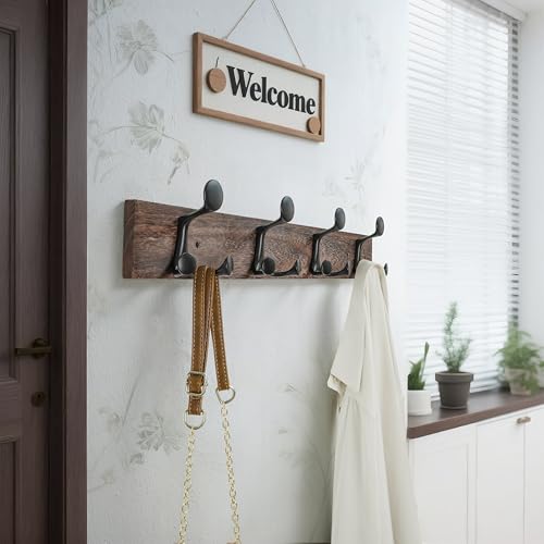 WEBI Coat Rack Wall Mount,24" Solid Wood Coat Hooks Wall Mounted Coat Hanger,16" Hole to Hole,Heavy Duty Hook Rack Rail,4 Triple Hooks for Hanging Coats,Jacket,Clothes,Hat,Backpack,Weathered Brown - color: Weathered Brown, size: 24 Inch