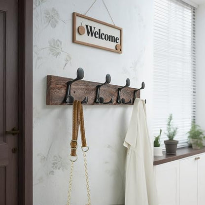 WEBI Coat Rack Wall Mount,24" Solid Wood Coat Hooks Wall Mounted Coat Hanger,16" Hole to Hole,Heavy Duty Hook Rack Rail,4 Triple Hooks for Hanging Coats,Jacket,Clothes,Hat,Weathered Brown,2 Packs - color: Weathered Brown, size: 24 Inch(2 Pcs)