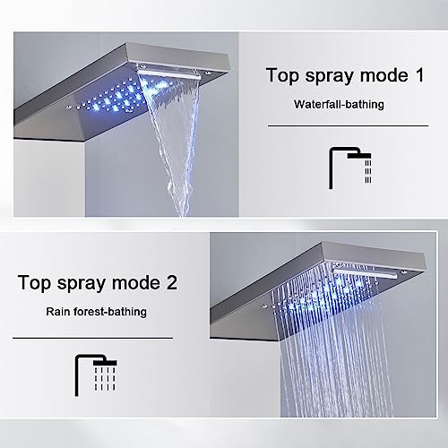 AlenArt Shower Panel LED Shower Tower System with Rainfall Waterfall Shower Head, 4 Body Massage Jets,Hand Shower Sprayer and Tub Spout Stainless Steel, Brushed Nickel - color: Brushed Nickel