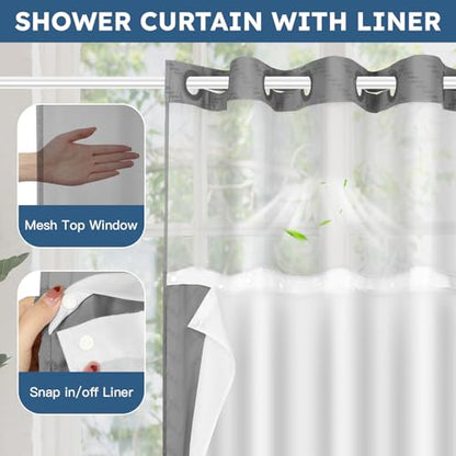 FADOTY Grey No Hook Shower Curtain Set with Snap in Liner, 71'' x 74'' | Bathroom Hotel Fabric Curtain, Waterproof Washable Liner, See Through Top Window, Ringless Chevron Tufted Cloth Curtain - color: Grey, size: 71"W x 74"L (Pack of 1)