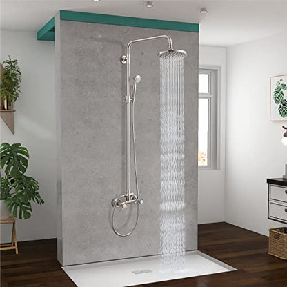 Heyalan Dual Shower System, 8 Inch Rain Head, Handheld,Brushed Nickel | Dual shower system with 8 inch rain head, handheld sprayer, exposed pipe design, two-handle control, and brass body. - color: Brushed Nickel