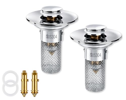 2Pcs Bathroom Sink Drain Strainer, 304 Stainless Steel Drain Filter, Pop Up Bathroom Sink Drain with Hair Catcher Fits 1 1/4" to 1 1/2" US Bathroom Sink Stopper Replacement