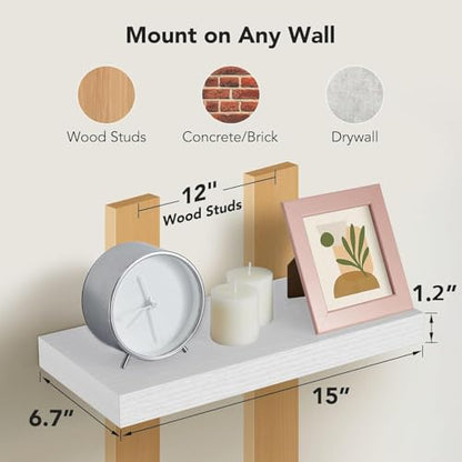 AMADA HOMEFURNISHING Floating Shelves Wall Mounted, 15 x 7 Inch Wall Shelves for Bathroom, Bedroom, Living Room, White Shelves Set of 2 - color: White, size: 15 inches
