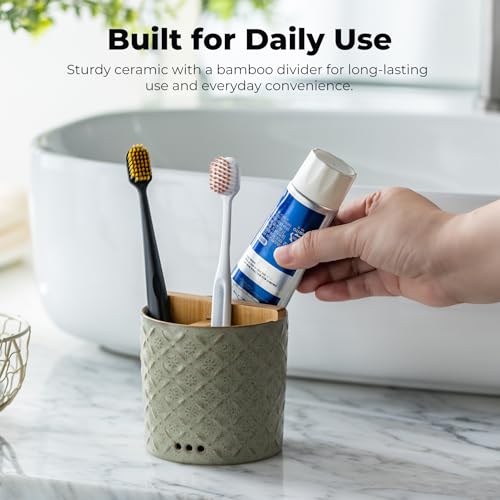 Zoeeker Toothbrush Holders for Bathroom with Drain Holes and Bamboo Divider | Ceramic Toothbrush and Toothpaste Holder, Detachable 3 Slots Electric Tooth Brush Cup Countertop Organizer for Family, Green - color: A-green
