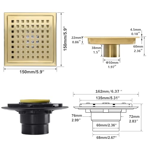 RANDOM Brushed Gold Shower Drain Square 6 Inch Shower Drain Cover Kit with Flange,SUS 304 Stainless Steel Shower Floor Drain with Removable Grid Cover and Hair Strainer - color: C-brushed Gold-6″ Square With Base Flange