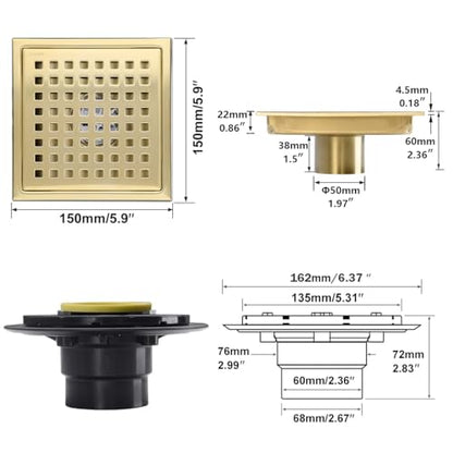 RANDOM Brushed Gold Shower Drain Square 6 Inch Shower Drain Cover Kit with Flange,SUS 304 Stainless Steel Shower Floor Drain with Removable Grid Cover and Hair Strainer - color: C-brushed Gold-6″ Square With Base Flange