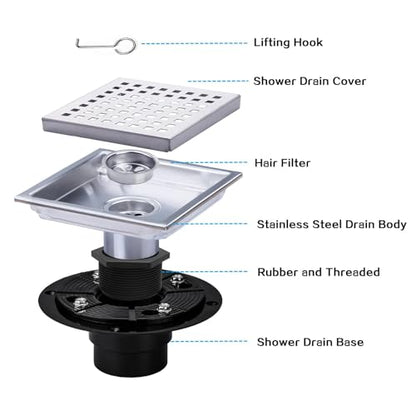 Square Shower Drain Silver Brushed 6 in with Removable Grid Panel | AISI 304 Stainless Steel Shower Floor Drain with Detachable Hair Catcher Flange Lifting Hook Fits Bathroom Balcony Kitchen - color: Stainless Steel, size: 6 inch+Base