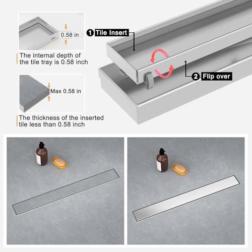Linear Shower Drain - 18 Inch Brushed Nickel, with Tile Insert Panels | AISI 304 Stainless Steel Shower Drain with Adjustable Feet, Hair Catcher, Rectangle Shower Floor Drain Fits Bathroom, Balcony - color: Brushed Nickel, size: 18 Inch