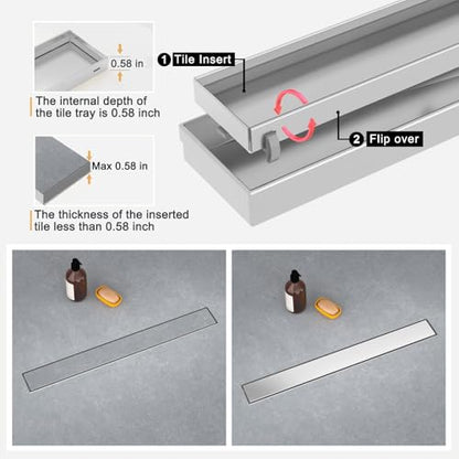 Linear Shower Drain - 18 Inch Brushed Nickel, with Tile Insert Panels | AISI 304 Stainless Steel Shower Drain with Adjustable Feet, Hair Catcher, Rectangle Shower Floor Drain Fits Bathroom, Balcony - color: Brushed Nickel, size: 18 Inch