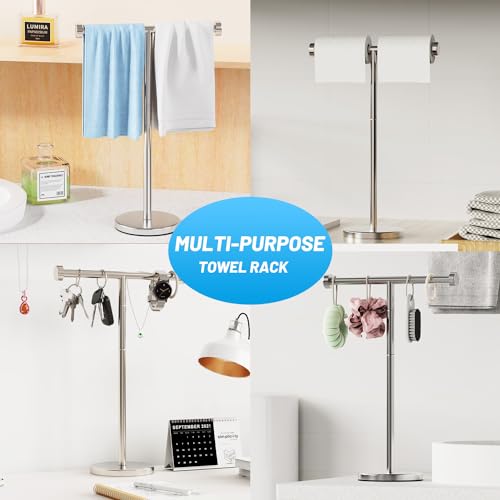 VEHHE T-Shape Hand Towel Holder for Bathroom, Height Adjustable Hand Towel Stand, SUS304 Stainless Steel Towel Holder Stand Non-Slip for Adults, Children（Silver）