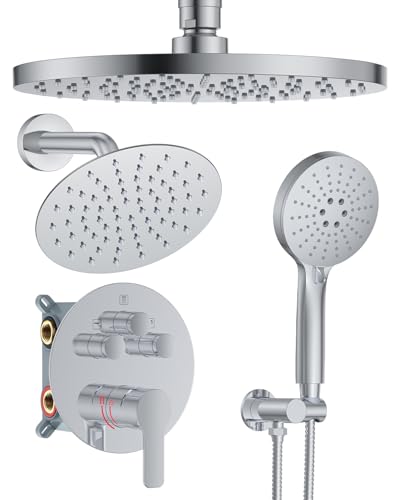 Shower System with Pressure Balance Valve, 10" Ceiling Mount Shower Faucet Set with 2 Rain Shower Head And Multi-function Handheld Head Push Button Diverter Pressure Balancing Valve Kit, Chrome - color: Chrome Polished, style: 10"-Round