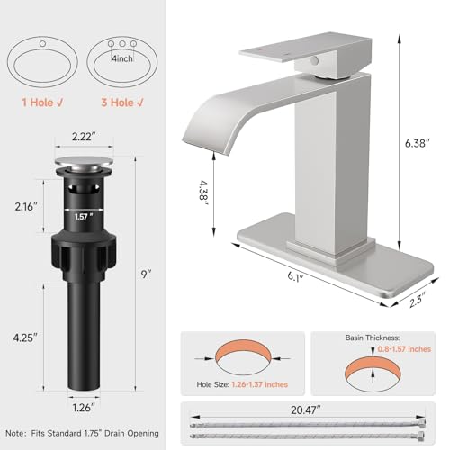 Brushed Nickel Bathroom Faucets Evolvegoods Modern Waterfall Faucet | Single Handle 1 or 3 Hole Bathroom Sink Faucet RV Mixer Tap Vanity Faucet with Deck Plate Pop-up Drain and Supply Lines - color: Brushed Nickel