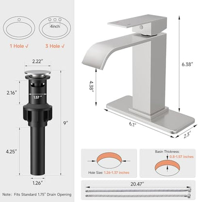 Brushed Nickel Bathroom Faucets Evolvegoods Modern Waterfall Faucet | Single Handle 1 or 3 Hole Bathroom Sink Faucet RV Mixer Tap Vanity Faucet with Deck Plate Pop-up Drain and Supply Lines - color: Brushed Nickel