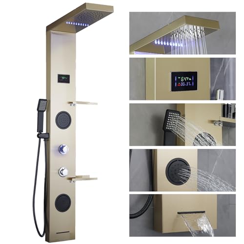 LED Shower Panels Tower System, LCD Temperature Display with Shelf, 304 Stainless Steel System with Rainfall Shower Head with Handheld Massage Body Jets Waterfall Bathtub, Brushed Gold - color: Brushed Gold