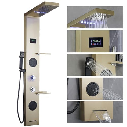 LED Shower Panels Tower System, LCD Temperature Display with Shelf, 304 Stainless Steel System with Rainfall Shower Head with Handheld Massage Body Jets Waterfall Bathtub, Brushed Gold - color: Brushed Gold