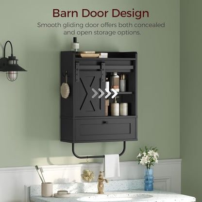 MAHANCRIS Bathroom Wall Cabinet, Farmhouse Medicine Cabinets with Sliding Door, Wall Mounted Storage Cabinet with Adjustable Shelf and Towel Bar, for Bathroom, Living Room, Kitchen, Black - color: Black