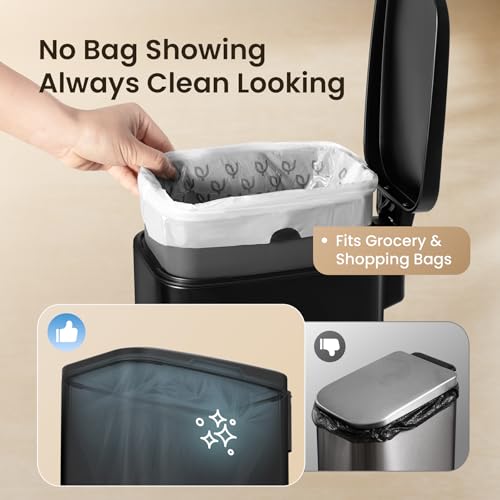Cesun Slim Bathroom Trash Can with Lid, Soft Close, Black, 6L/1.6 Gallon | Hidden Trash Bag Design, Small, Stainless Steel, Removable Inner Bucket, Foot Pedal, Odor Control, for RV/Office/Bedroom - color: Black