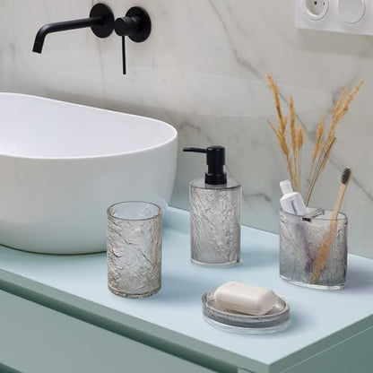 RQYIXI Resin 4-Piece Bathroom Accessories Set, Silver Crackle, Shatterproof | bathroom accessories set clear resin silver ice crackle texture shatterproof unbreakable modern countertop organization - size: 4pcs