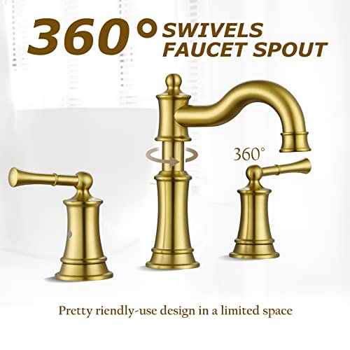 Roman Bathroom Sink Faucet 3 Holes Brushed Gold 2 Handle Widespread 8 inch Deck Mount Installation with Overflow Pop Up Drain Assembly and Water Supply Lines - color: Brushed Gold, style: 3 Hole Deck Mount