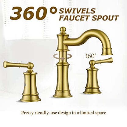 Roman Bathroom Sink Faucet 3 Holes Brushed Gold 2 Handle Widespread 8 inch Deck Mount Installation with Overflow Pop Up Drain Assembly and Water Supply Lines - color: Brushed Gold, style: 3 Hole Deck Mount