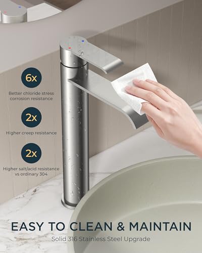 FORIOUS Waterfall Bathroom Vessel Sink Faucet Brushed Nickel Single Hole | Waterfall Brushed Nickel Tall Bathroom Faucet 1 Hole, Silver Bathroom Sink Faucet for Vessel Sink with Drain and Supply Line - color: Vessel Sink-Stainless Steel