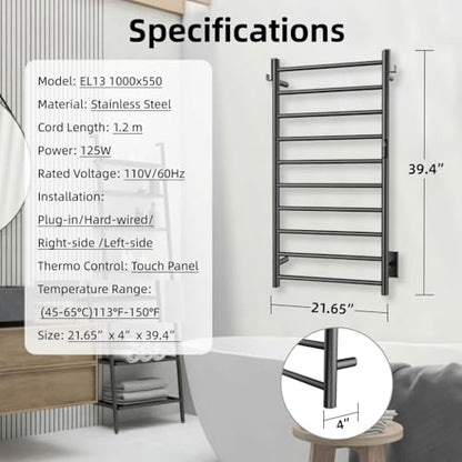 P&Dlusir EL13 Heated Towel Rack, Matte Black, 10 Bar | Fast Heat in 2 Min, Smart Timer, Thermo Control, Memory Functoion, Stainless Steel, Hard-Wired/Plug-in - color: Matte Black, size: 21.65"W x 39.37"H