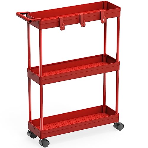 Simple Houseware 3-Tier Slim Rolling Cart w/Handle 5.5" Wx27.5 H, Red | Storage Cart for Narrow Space (5.5-Inch Wide) Kitchen, Bathroom, Laundry Room - color: Red