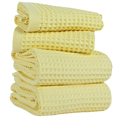 PÜSKÜL Natural 100% Turkish Cotton Waffle Towels Set of 4-Piece, L.-Yellow | 2-Bath sheet (Extra-large 32x63") and 2-Hand towel (Large 32x16"). Premium honeycomb-waffle weave, oeko-tex made in Turkiye. - color: Light Yellow