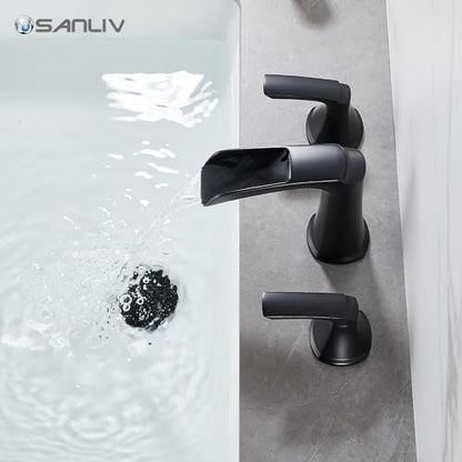 Matte Black Waterfall Bathroom Faucet, Sanliv 3-Piece Widespread Bathroom Sink Faucets, 2-Handle Vanity Faucet for 3-Hole Sinks 4-8 Inch with Pop-Up Drain, ‎Matte Black - color: Matte Black