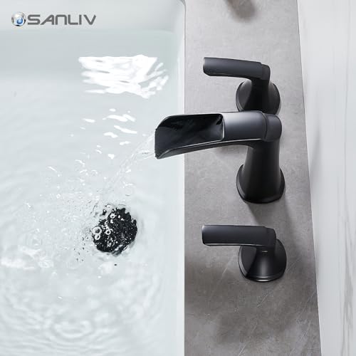 Matte Black Waterfall Bathroom Faucet, Sanliv 3-Piece Widespread Bathroom Sink Faucets, 2-Handle Vanity Faucet for 3-Hole Sinks 4-8 Inch with Pop-Up Drain, ‎Matte Black - color: Matte Black