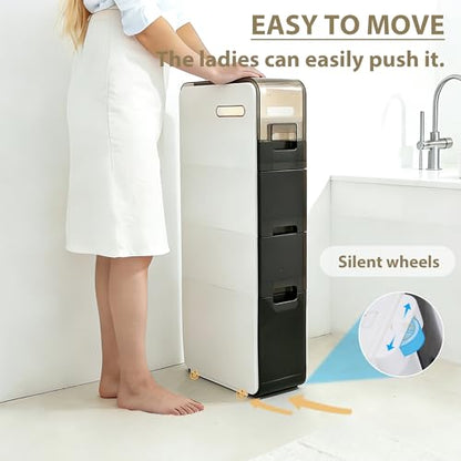 BGYMF 4-Tier Narrow Slim Bathroom Storage Cabinet,Movable,White | ABS and PP,with Wheels and Drawers,Large Storage Capacity,Water Resistant,Toilet Paper Holder,for Small Spaces - size: Ultra Thin 4 Tiers