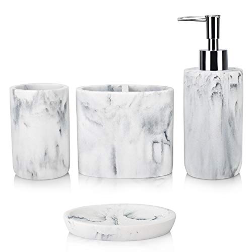 L'ARL GMVOI Bathroom Accessories Set,4 Pieces Marble Bathroom Vanity Countertop Accessory Set with Bathroom Toothbrush Holder Set,Soap Dispenser,Tumbler,Soap Dish for Bathroom Home Decor - color: White Marble