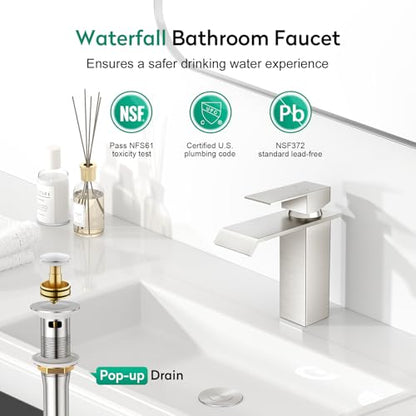 CREA Waterfall Bathroom Faucet 1 Hole,Brushed Nickel Bathroom Faucet Single Handle Bathroom Sink Faucet with Pop Up Drain Stopper/ 3 Hole Plate,Stainless Steel RV Vanity Faucet Basin Mixer Tap - color: Brushed, style: Wide Spout