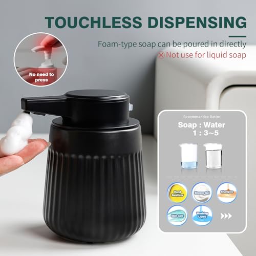 BosilunLife Ceramic Automatic Soap Dispenser with Extended Pump Nozzle, 3 Adjustable Levels, Touchless Foam Hand Wash Foaming Dispenser for Bathroom & Kitchen, Striped Design, Black, 10oz - color: Striped-black