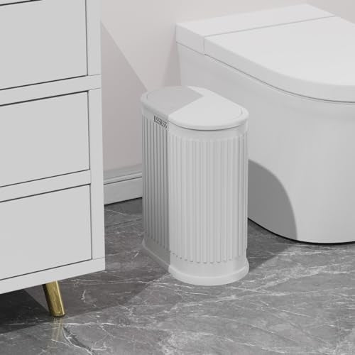 KSSKSS 1.8 Gallons Small White Bathroom Trash Can with Lid, Slim Bathroom Garbage Bin, Removable Liner Bucket, Dog Proof Trash Can with Pop-Up Lid for Bedroom,Toilet - color: White