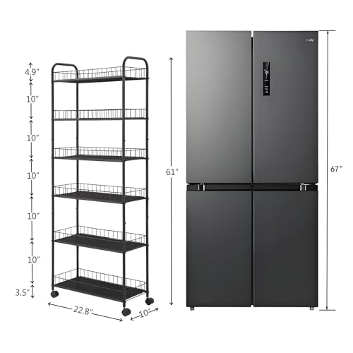 10in 6-Tier Slim Storage Cart with Wheels, Metal 10in Wide Black Narrow Rolling Shelf, Sturdy Slim Storage with Hooks Ideal for Kitchen, Bathroom, and Laundry Room - size: 10in 6-Tier Cart
