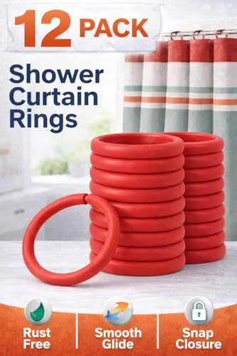 12 Piece Plastic Basic Locking Round Hook Easy Gliding Shower Curtain Rings Fits All Standard Size Shower Rods (Red) - color: Red